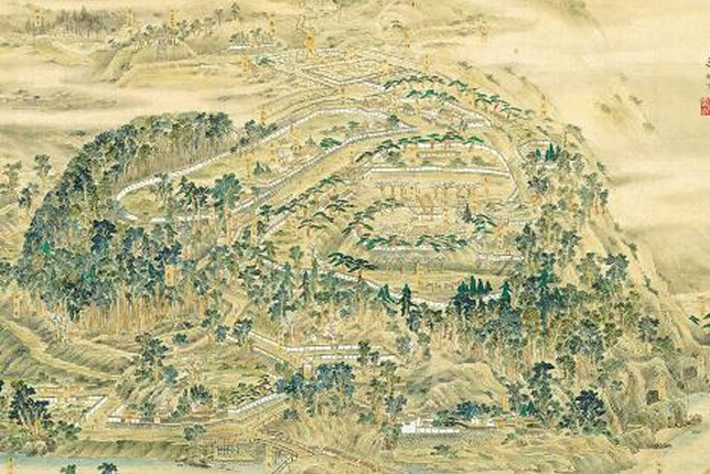 A traditional Japanese illustrated map showcasing an ancient castle town with intricate details of roads, buildings, and natural landscapes.
