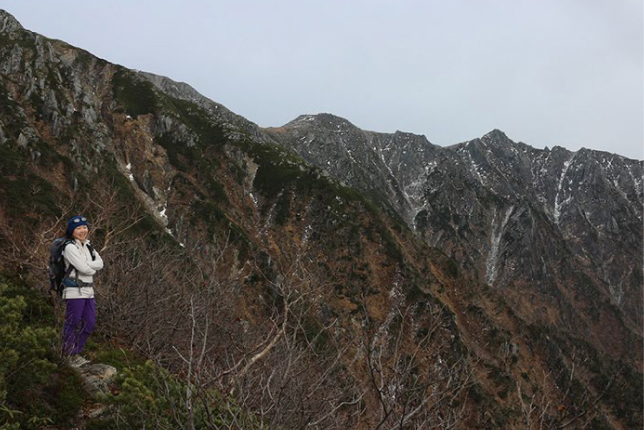 A lone hiker standing on a trail, gazing at the rugged peaks of a snow-capped mountain range.