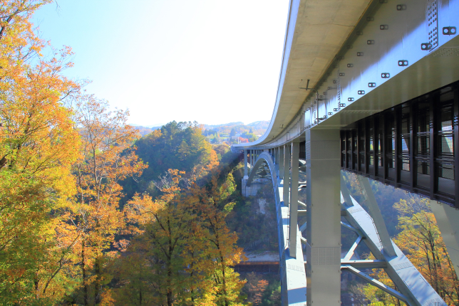A modern steel bridge spanning across a valley, with golden autumn foliage in the background under a clear blue sky.