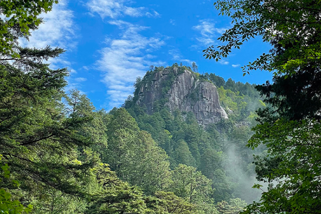 A dramatic rocky peak rising above the surrounding forest, set against a bright blue sky with wisps of clouds.