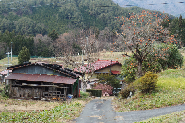 A scenic countryside view featuring an old, rusted shed among lush greenery. A winding road leads to traditional Japanese houses with mountains and trees in the distance.