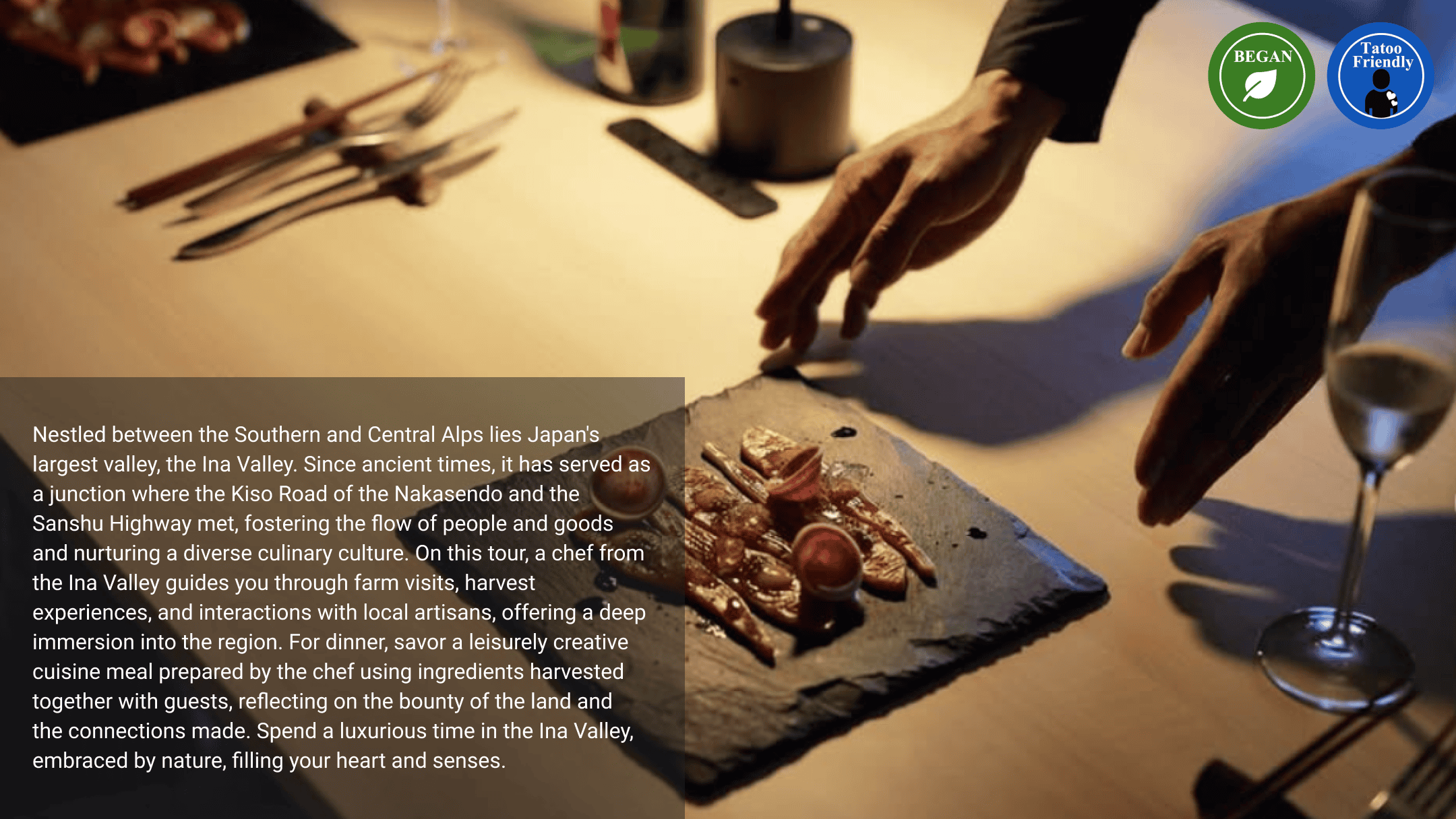 A chef carefully presenting a seasonal dish made with local ingredients during an intimate dining experience in the Ina Valley